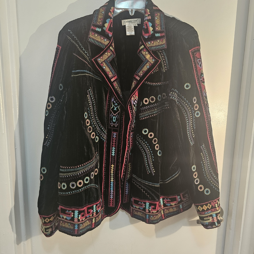 Coldwater Creek Embroidered Velvet Jacket 1X Boho Festival Statement